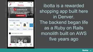 44
ibotta is a rewarded
shopping app built here
in Denver.
The backend began life
as a Ruby on Rails
monolith built on AWS
five years ago
 
