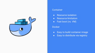 Container
● Resource isolation
● Resource limitation
● Fast boot (vs. VM)
Docker
● Easy to build container image
● Easy to...