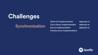 Challenges
Synchronization
Client UX implementation
Core Library Implementation
depends on
depends on
depends onServer Implementation
Infrastructure Implementation
 
