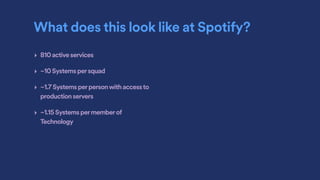 What does this look like at Spotify?
‣ 810activeservices
‣ ~10Systemspersquad
‣ ~1.7Systemsperpersonwithaccessto
productionservers
‣ ~1.15Systemspermemberof
Technology
 