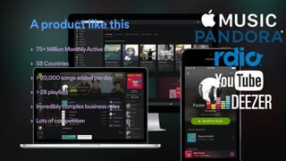 A product like this
‣ 75+MillionMonthlyActiveUsers
‣ 58Countries
‣ >20,000songsaddedperday
‣ >2Bplaylists
‣ Incrediblycomplexbusinessrules
‣ Lotsofcompetition
 