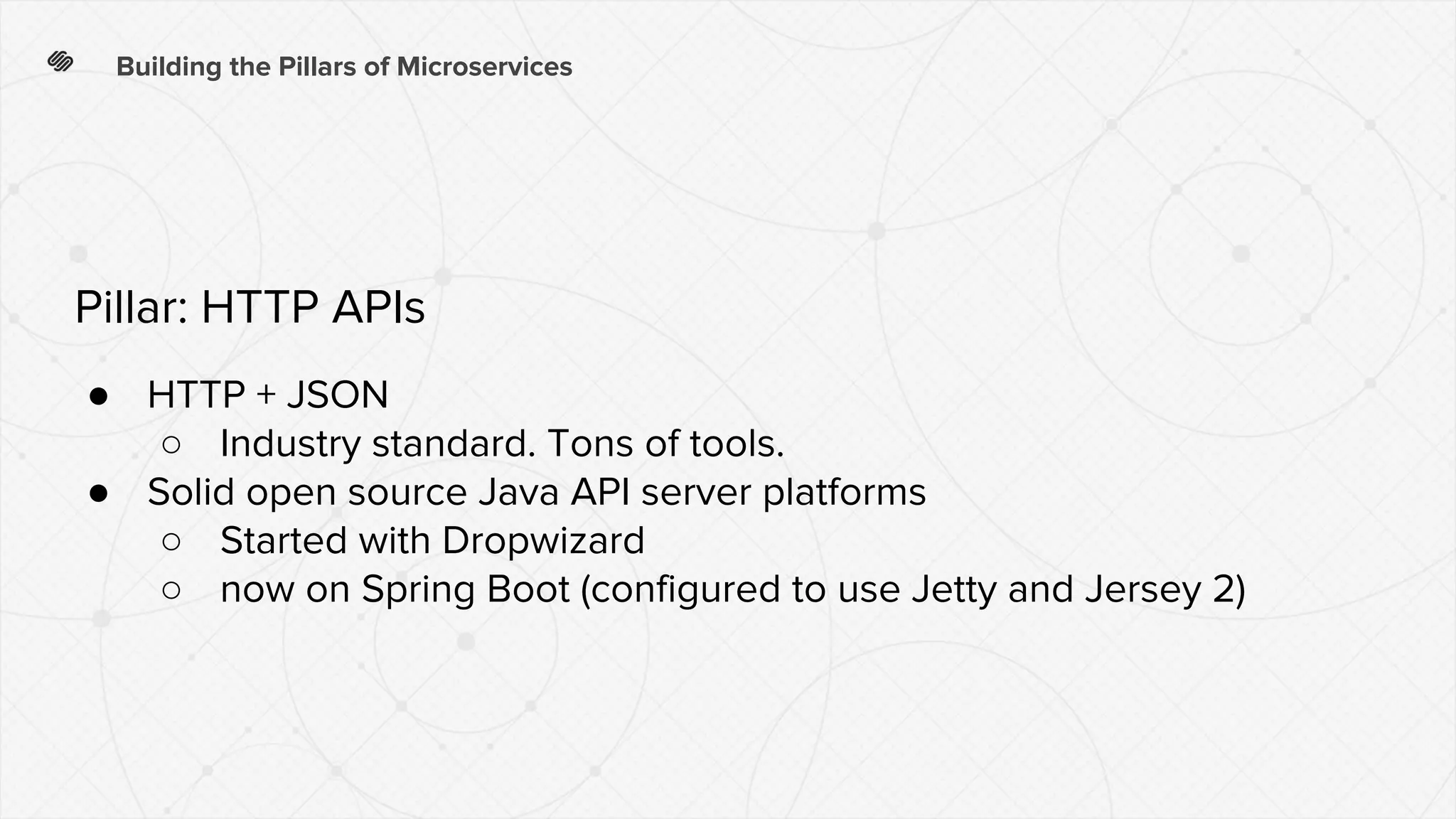 Building the Pillars of Microservices
● HTTP + JSON
○ Industry standard. Tons of tools.
● Solid open source Java API server platforms
○ Started with Dropwizard
○ now on Spring Boot (configured to use Jetty and Jersey 2)
Pillar: HTTP APIs
 
