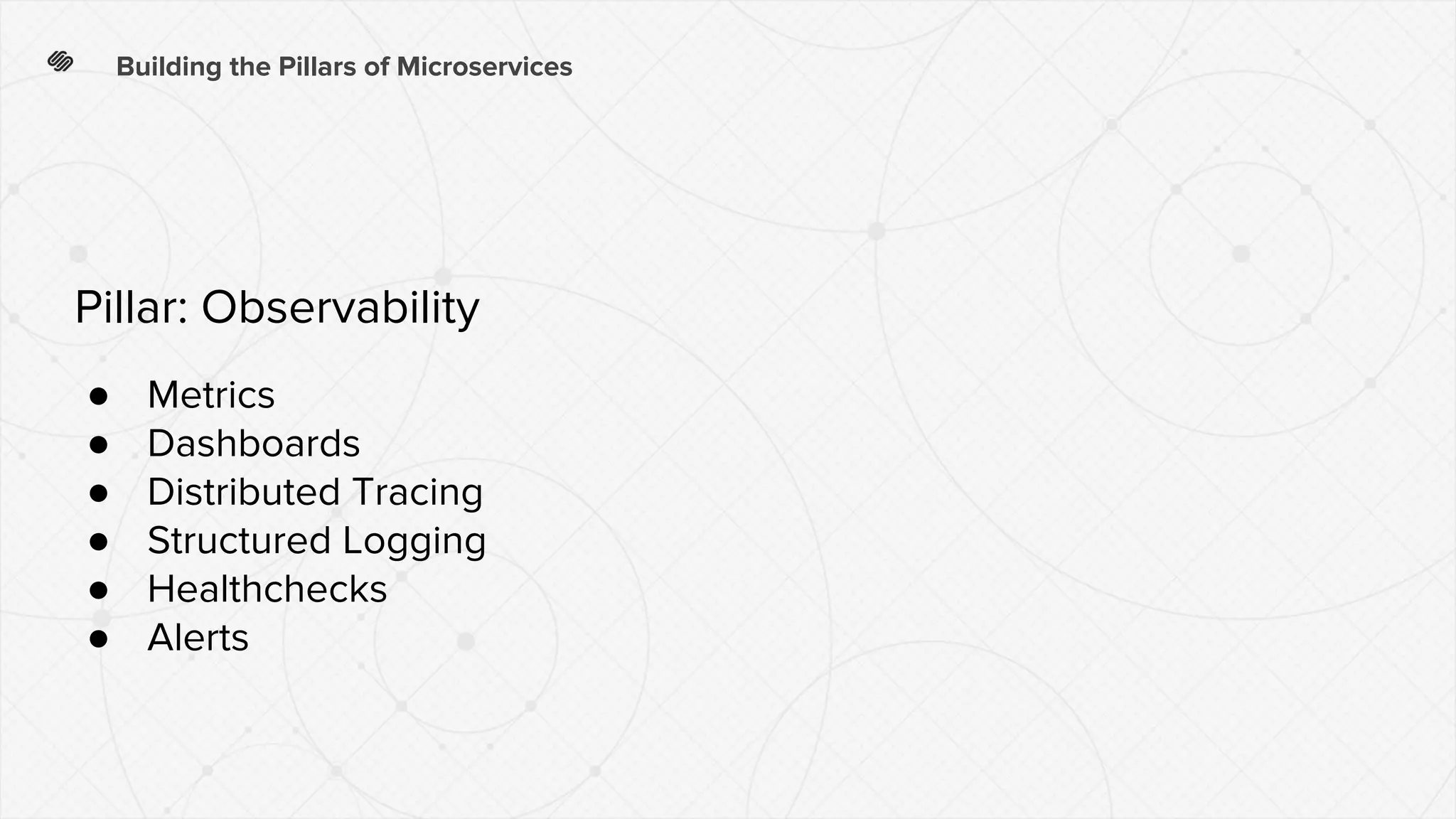 Building the Pillars of Microservices
● Metrics
● Dashboards
● Distributed Tracing
● Structured Logging
● Healthchecks
● Alerts
Pillar: Observability
 