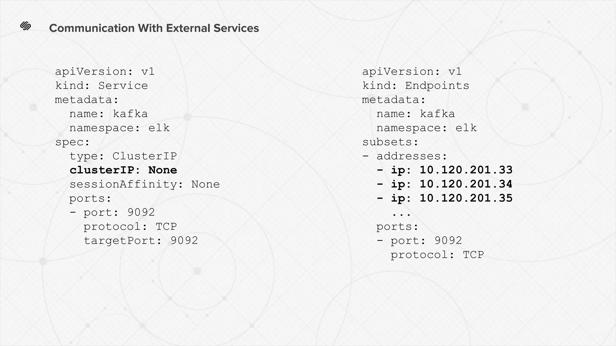 Communication With External Services
apiVersion: v1
kind: Service
metadata:
name: kafka
namespace: elk
spec:
type: ClusterIP
clusterIP: None
sessionAffinity: None
ports:
- port: 9092
protocol: TCP
targetPort: 9092
apiVersion: v1
kind: Endpoints
metadata:
name: kafka
namespace: elk
subsets:
- addresses:
- ip: 10.120.201.33
- ip: 10.120.201.34
- ip: 10.120.201.35
...
ports:
- port: 9092
protocol: TCP
 