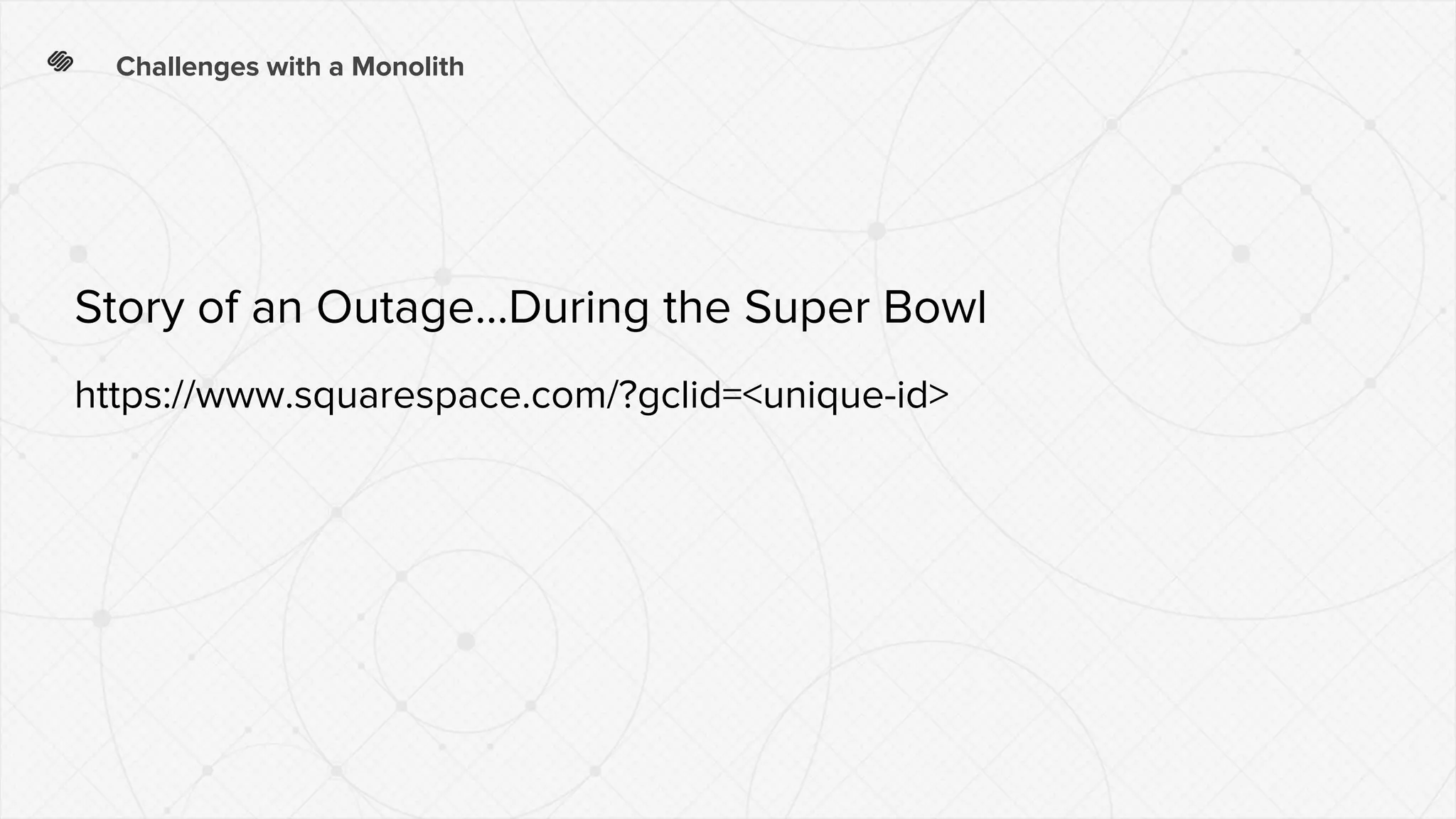 https://www.squarespace.com/?gclid=<unique-id>
Challenges with a Monolith
Story of an Outage...During the Super Bowl
 