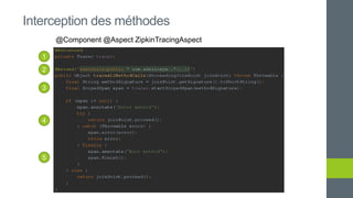 @Component @Aspect ZipkinTracingAspect
Interception des méthodes
1
2
3
5
4
 
