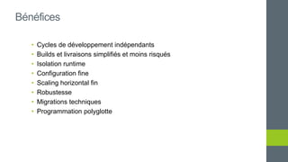 • Cycles de développement indépendants
• Builds et livraisons simplifiés et moins risqués
• Isolation runtime
• Configuration fine
• Scaling horizontal fin
• Robustesse
• Migrations techniques
• Programmation polyglotte
Bénéfices
 