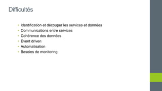 • Identification et découper les services et données
• Communications entre services
• Cohérence des données
• Event driven
• Automatisation
• Besoins de monitoring
Difficultés
 