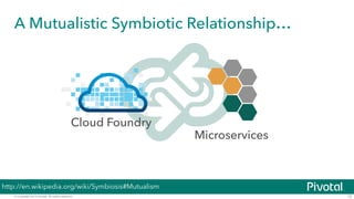 © Copyright 2014 Pivotal. All rights reserved.
A Mutualistic Symbiotic Relationship…
12
Cloud Foundry
Microservices
http://en.wikipedia.org/wiki/Symbiosis#Mutualism
 