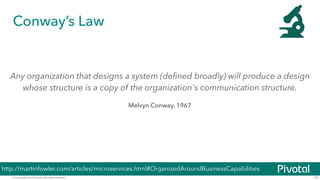 © Copyright 2014 Pivotal. All rights reserved.
Conway’s Law
19
Any organization that designs a system (defined broadly) will produce a design
whose structure is a copy of the organization's communication structure.
Melvyn Conway, 1967
http://martinfowler.com/articles/microservices.html#OrganizedAroundBusinessCapabilities
 