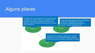 Alguns pilares
Os serviços desacoplados podem ser facilmente
distribuídos horizontalmente em vários
servidores, possibilitando dimensionar os
recursos / serviços adequadamente
As falhas podem ser localizadas em uma pequena parte
do aplicativo e contidas antes que o aplicativo inteiro
sofra uma interrupção. Isso também permite que os
aplicativos sejam descartados normalmente em caso de
erro irrecuperável
Quanto menor a unidade de código com a qual está
trabalhando, menos complicado é alterar o código e
menos tempo leva para testar a implantação do código
 