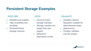 Persistent Storage Examples
● Reliable and scalable
● High availability and
durability
● Persistent block
storage volumes
AWS EBS
● Common block
storage interface
● Storage vendors can
supply their own
plugins
● Default for
OpenStack Cinder
iSCSI
● Scalable network
filesystem suitable for
data-intensive tasks
● Opensource
● Flexible, software
only file system
GlusterFS
 