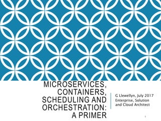 MICROSERVICES,
CONTAINERS,
SCHEDULING AND
ORCHESTRATION:
A PRIMER
G Llewellyn, July 2017
Enterprise, Solution
and Cloud Architect
1
 
