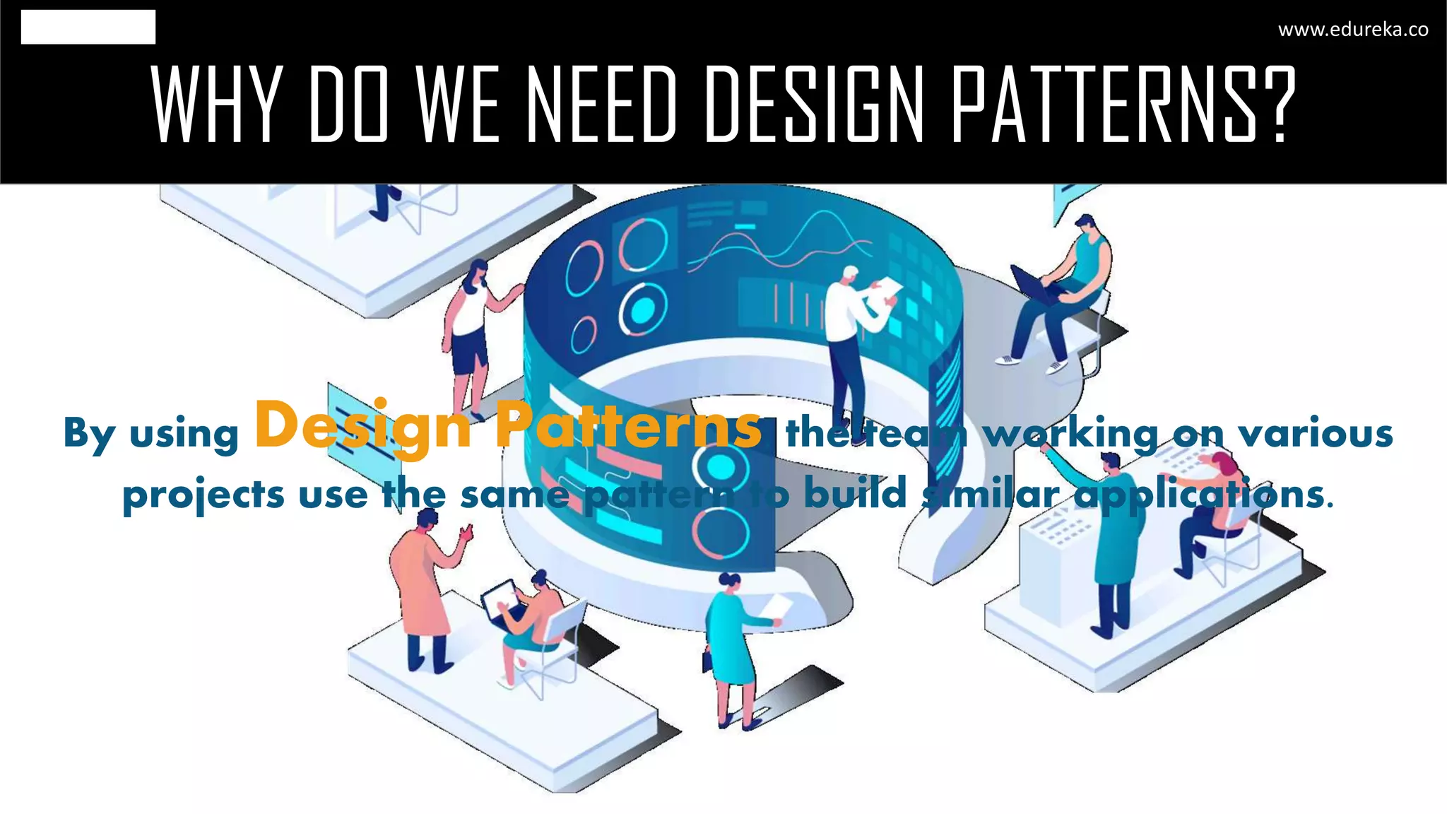 WHY DO WE NEED DESIGN PATTERNS?
www.edureka.co
By using Design Patterns, the team working on various
projects use the same pattern to build similar applications.
 