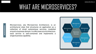 WHAT ARE MICROSERVICES?
Microservices, aka Microservice Architecture, is an
architectural style that structures an application as a
collection of small autonomous services, modelled
around a business domain. In a Microservice Architecture,
each service is self-contained and implements a
single business capability.
MICROSERVICES
www.edureka.co
 