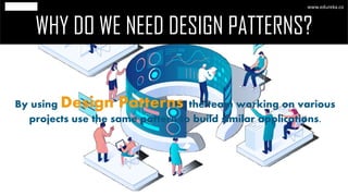 WHY DO WE NEED DESIGN PATTERNS?
www.edureka.co
By using Design Patterns, the team working on various
projects use the same pattern to build similar applications.
 