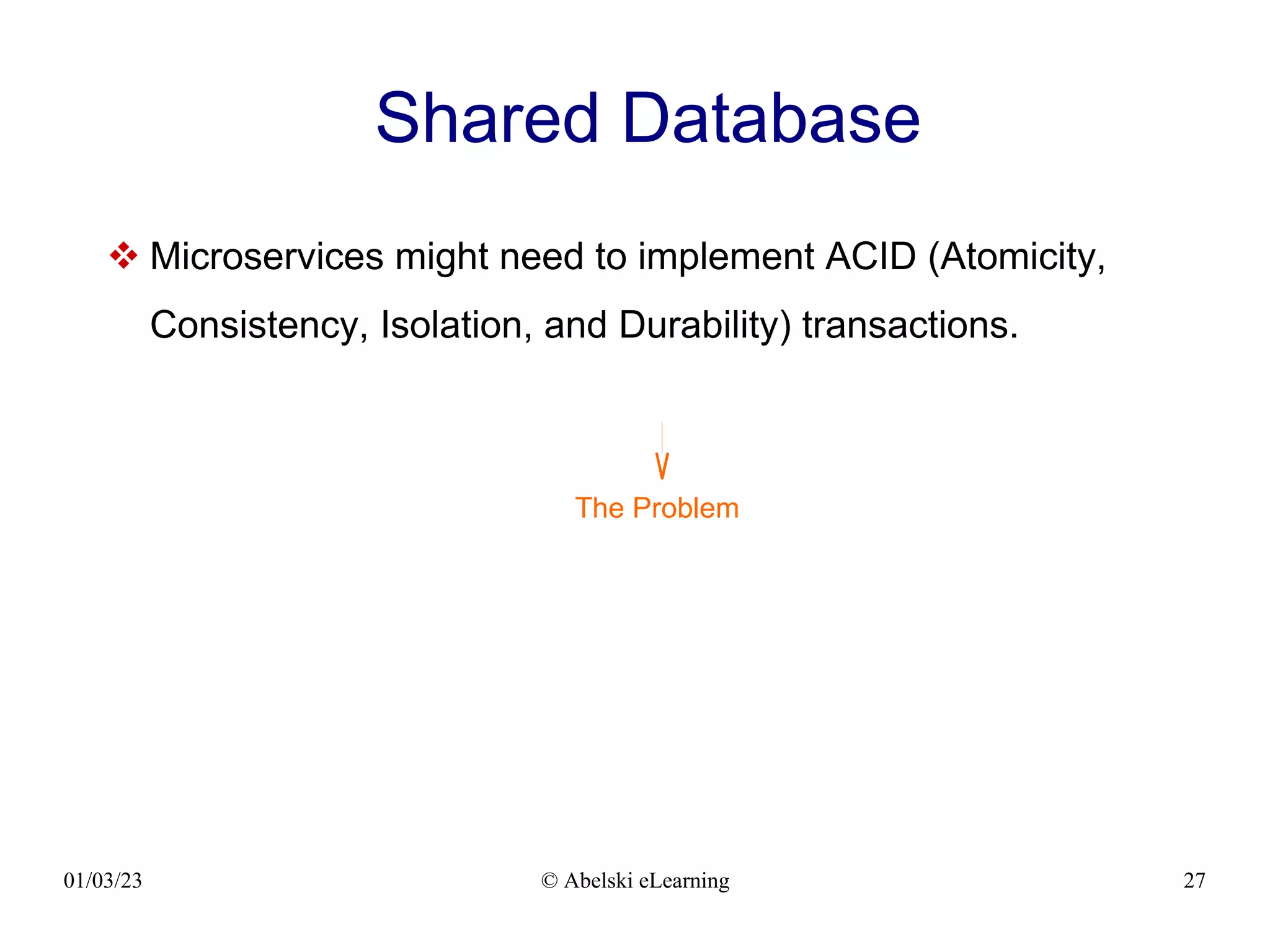 01/03/23 © Abelski eLearning 27
Shared Database
 Microservices might need to implement ACID (Atomicity,
Consistency, Isolation, and Durability) transactions.
The Problem
 