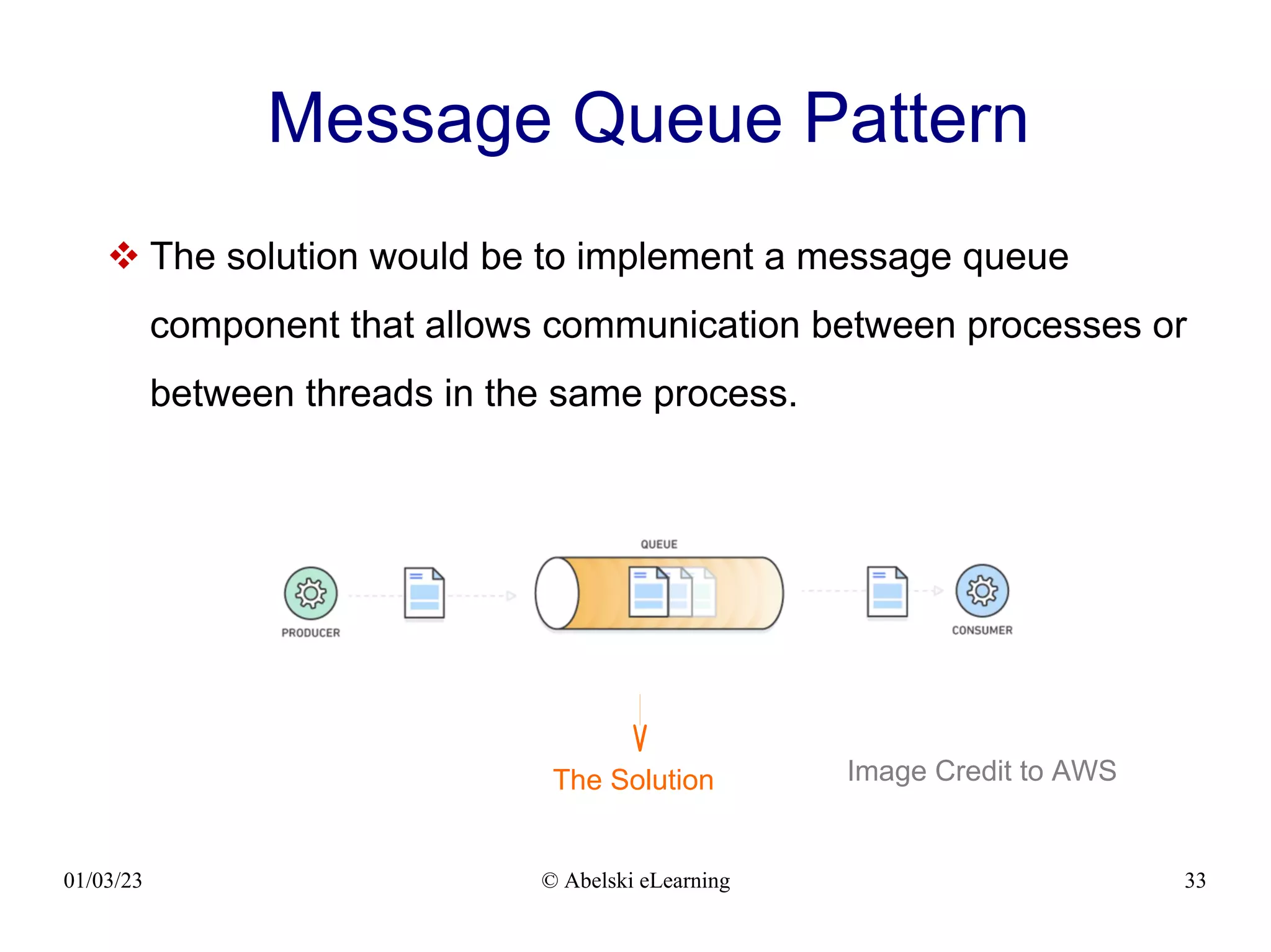 01/03/23 © Abelski eLearning 33
Message Queue Pattern
 The solution would be to implement a message queue
component that allows communication between processes or
between threads in the same process.
The Solution Image Credit to AWS
 