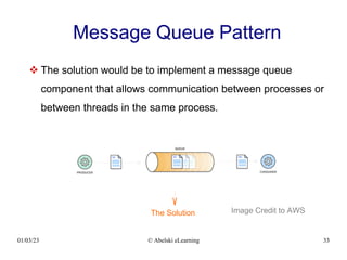 01/03/23 © Abelski eLearning 33
Message Queue Pattern
 The solution would be to implement a message queue
component that allows communication between processes or
between threads in the same process.
The Solution Image Credit to AWS
 