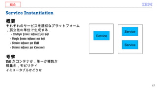 Service Instantiation
概要
それぞれのサービスを適切なプラットフォーム
，孤立化の単位で生成する．
- Multiple service instances per host
- Single service instance per host
- Service instance per VM
- Service instance per Container
考察
VM かコンテナか，単一か複数か
軽量さ，モビリティ
イミュータブルかどうか
17
Service
Service
Service
結合
 