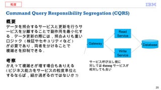 Command Query Responsibility Segregation (CQRS)
概要
データを照会するサービスと更新を行うサ
ービスを分離することで副作用を最小化す
る．データ更新の際には，照会よりも重い
ロジック ( 検証やセキュリティなど )
が必要であり，両者を分けることで
複雑さを抑制できる .
考察
かえって複雑さが増す場合もありえる
( ビジネス能力をサービスの粒度単位と
するならば，細か過ぎるのではないか ?)
20
Read
Service
Write
Service
DatabaseGateway
サービス呼び出し側に
対しては Gateway サービスが
相対しても良い
粒度
 