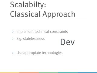 Scalabilty:
Classical Approach
> Implement technical constraints
> E.g. statelessness
> Use appropiate technologies
Dev
 