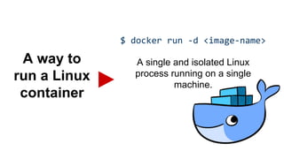 $ docker run -d <image-name>
A single and isolated Linux
process running on a single
machine.
A way to
run a Linux
container
 