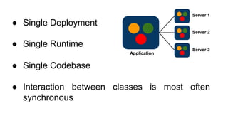 ● Single Deployment
● Single Runtime
● Single Codebase
● Interaction between classes is most often
synchronous
Application
Server 1
Server 2
Server 3
 