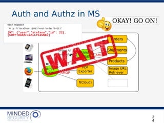 Auth and Authz in MS
2
4
REST REQUEST
'http://localhost:8003/products/the_odyssey'
REST REQUEST
'http://localhost:8003/rest/order/54252'
JWT: {“user”:”stefano”,”id”: 22}.
[CRYPTOGRAFICALLYSIGNED]
OKAY! GO ON!
 