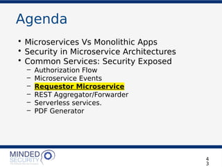 Agenda
• Microservices Vs Monolithic Apps
• Security in Microservice Architectures
• Common Services: Security Exposed
– Authorization Flow
– Microservice Events
– Requestor Microservice
– REST Aggregator/Forwarder
– Serverless services.
– PDF Generator
4
3
 
