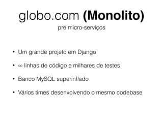 globo.com (Monolito)
pré micro-serviços
• Um grande projeto em Django
• ∞ linhas de código e milhares de testes
• Banco My...