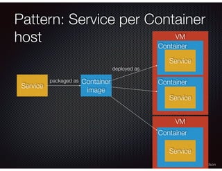 @crichardson
VM
VM
Pattern: Service per Container
host
Service
Container
image
Container
Service
Container
Service
Container
Service
packaged as
deployed as
 