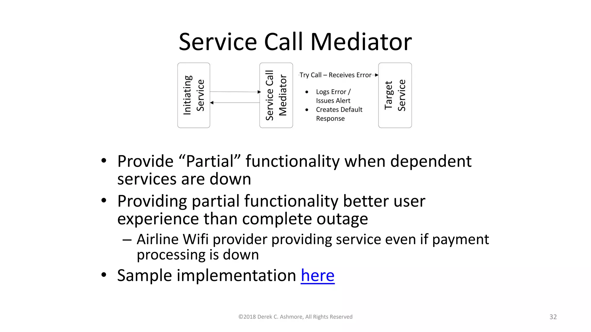 Service Call Mediator
©2018 Derek C. Ashmore, All Rights Reserved 32
• Provide “Partial” functionality when dependent
services are down
• Providing partial functionality better user
experience than complete outage
– Airline Wifi provider providing service even if payment
processing is down
• Sample implementation here
 
