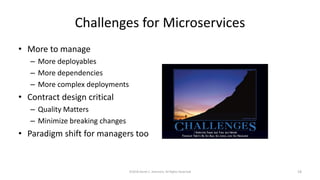 Challenges for Microservices
• More to manage
– More deployables
– More dependencies
– More complex deployments
• Contract design critical
– Quality Matters
– Minimize breaking changes
• Paradigm shift for managers too
©2018 Derek C. Ashmore, All Rights Reserved 19
 