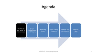 Agenda
The “What”
and “Why” of
microservices
Design
Considerations
and Patterns
Packaging
Options
Cross-cutting
concerns
When to use
microservices
Summary /
Q&A
©2018 Derek C. Ashmore, All Rights Reserved 4
 