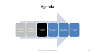 Agenda
The “What”
and “Why” of
microservices
Design
Considerations
and Patterns
Packaging
Options
Cross-cutting
concerns
When to use
microservices
Summary /
Q&A
©2018 Derek C. Ashmore, All Rights Reserved 44
 