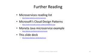 Further Reading
• Microservices reading list
– http://www.mattstine.com/microservices
• Microsoft’s Cloud Design Patterns
– https://msdn.microsoft.com/en-us/library/dn600223.aspx
• Moneta Java microservice example
– https://github.com/Derek-Ashmore/moneta
• This slide deck
– http://www.slideshare.net/derekashmore
©2018 Derek C. Ashmore, All Rights Reserved 64
 