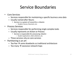 Service Boundaries
• Core Services
– Services responsible for maintaining a specific business area data
– Usually named after Nouns
• Service is a system of record for a <blank>
– Student, Course, Classroom, etc.
• Process Services
– Services responsible for performing single complex tasks
– Usually represents an Action or Process
• Service is responsible for processing <blank>
– Student applications, Debt collection, etc.
– These services rely on core services
• Partitioning is an art
– Too few  same drawbacks as traditional architecture
– Too many  excessive network hops
©2016 Derek C. Ashmore, All Rights Reserved 17
 