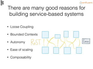 There are many good reasons for
building service-based systems
• Loose Coupling
• Bounded Contexts
• Autonomy
• Ease of scaling
• Composability
 