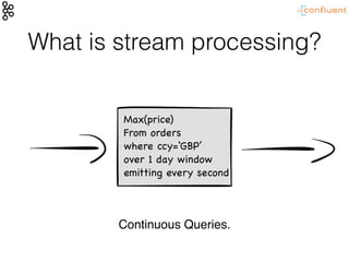 Max(price)

From orders

where ccy=‘GBP’

over 1 day window

emitting every second
What is stream processing?
Continuous Queries.
 