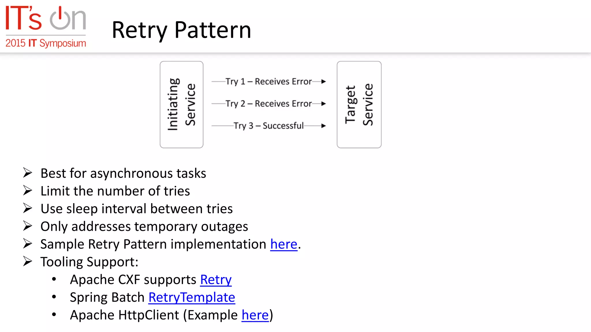 Retry Pattern
 Best for asynchronous tasks
 Limit the number of tries
 Use sleep interval between tries
 Only addresses temporary outages
 Sample Retry Pattern implementation here.
 Tooling Support:
• Apache CXF supports Retry
• Spring Batch RetryTemplate
• Apache HttpClient (Example here)
 