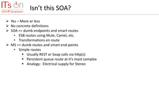 Isn’t this SOA?
 Yes – More or less
 No concrete definitions
 SOA == dumb endpoints and smart routes
• ESB routes using Mule, Camel, etc.
• Transformations en route
 MS == dumb routes and smart end-points
• Simple routes
 Usually REST or Soap calls via http(s)
 Persistent queue route at it’s most complex
 Analogy: Electrical supply for Stereo
 