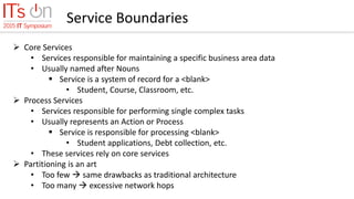 Service Boundaries
 Core Services
• Services responsible for maintaining a specific business area data
• Usually named after Nouns
 Service is a system of record for a <blank>
• Student, Course, Classroom, etc.
 Process Services
• Services responsible for performing single complex tasks
• Usually represents an Action or Process
 Service is responsible for processing <blank>
• Student applications, Debt collection, etc.
• These services rely on core services
 Partitioning is an art
• Too few  same drawbacks as traditional architecture
• Too many  excessive network hops
 