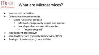 What are Microservices?
 No concrete definition
 Common microservice traits
• Single functional purpose
 Most/all changes only impact one service
 Not dependent on execution context
• “loosely coupled”
 Independent process/jvm
 Standard Interface (typically Web Service/REST)
 Analogy: Stereo system, Linux utilities
 