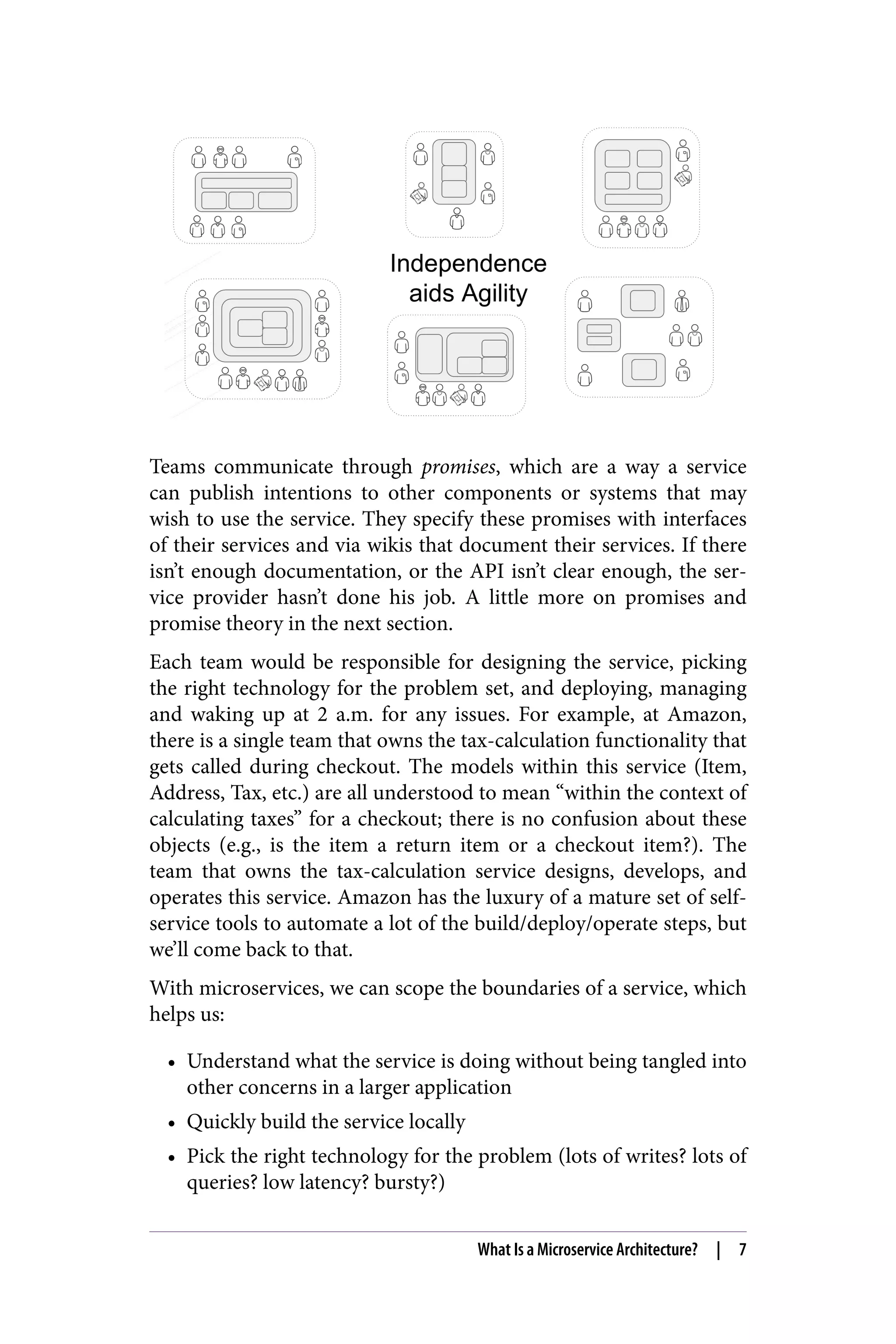 Teams communicate through promises, which are a way a service
can publish intentions to other components or systems that may
wish to use the service. They specify these promises with interfaces
of their services and via wikis that document their services. If there
isn’t enough documentation, or the API isn’t clear enough, the ser‐
vice provider hasn’t done his job. A little more on promises and
promise theory in the next section.
Each team would be responsible for designing the service, picking
the right technology for the problem set, and deploying, managing
and waking up at 2 a.m. for any issues. For example, at Amazon,
there is a single team that owns the tax-calculation functionality that
gets called during checkout. The models within this service (Item,
Address, Tax, etc.) are all understood to mean “within the context of
calculating taxes” for a checkout; there is no confusion about these
objects (e.g., is the item a return item or a checkout item?). The
team that owns the tax-calculation service designs, develops, and
operates this service. Amazon has the luxury of a mature set of self-
service tools to automate a lot of the build/deploy/operate steps, but
we’ll come back to that.
With microservices, we can scope the boundaries of a service, which
helps us:
• Understand what the service is doing without being tangled into
other concerns in a larger application
• Quickly build the service locally
• Pick the right technology for the problem (lots of writes? lots of
queries? low latency? bursty?)
What Is a Microservice Architecture? | 7
 