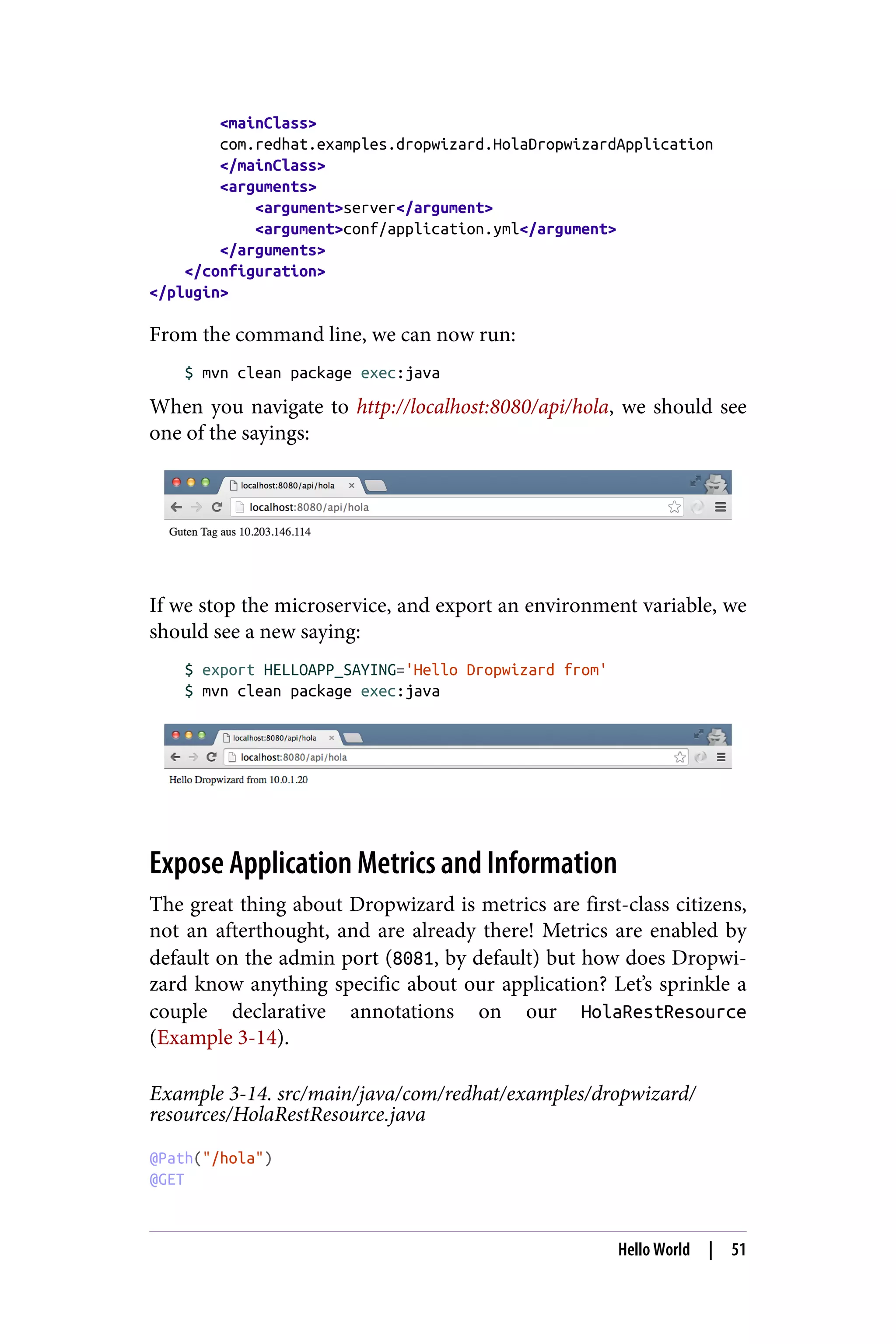 <mainClass>
com.redhat.examples.dropwizard.HolaDropwizardApplication
</mainClass>
<arguments>
<argument>server</argument>
<argument>conf/application.yml</argument>
</arguments>
</configuration>
</plugin>
From the command line, we can now run:
$ mvn clean package exec:java
When you navigate to http://localhost:8080/api/hola, we should see
one of the sayings:
If we stop the microservice, and export an environment variable, we
should see a new saying:
$ export HELLOAPP_SAYING='Hello Dropwizard from'
$ mvn clean package exec:java
Expose Application Metrics and Information
The great thing about Dropwizard is metrics are first-class citizens,
not an afterthought, and are already there! Metrics are enabled by
default on the admin port (8081, by default) but how does Dropwi‐
zard know anything specific about our application? Let’s sprinkle a
couple declarative annotations on our HolaRestResource
(Example 3-14).
Example 3-14. src/main/java/com/redhat/examples/dropwizard/
resources/HolaRestResource.java
@Path("/hola")
@GET
Hello World | 51
 