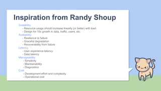 Scalability
- Resource usage should increase linearly (or better) with load.
- Design for 10x growth in data, traffic, use...