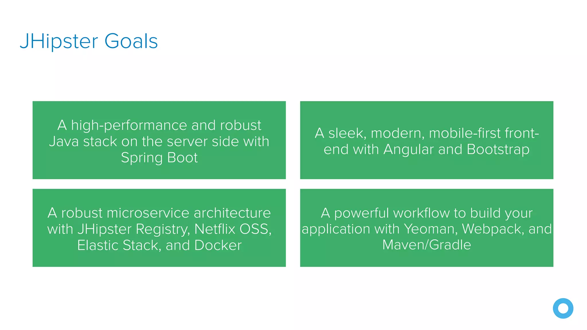 A powerful workflow to build your
application with Yeoman, Webpack, and
Maven/Gradle
JHipster Goals
A sleek, modern, mobile-first front-
end with Angular and Bootstrap
A high-performance and robust
Java stack on the server side with
Spring Boot
A robust microservice architecture
with JHipster Registry, Netflix OSS,
Elastic Stack, and Docker
 