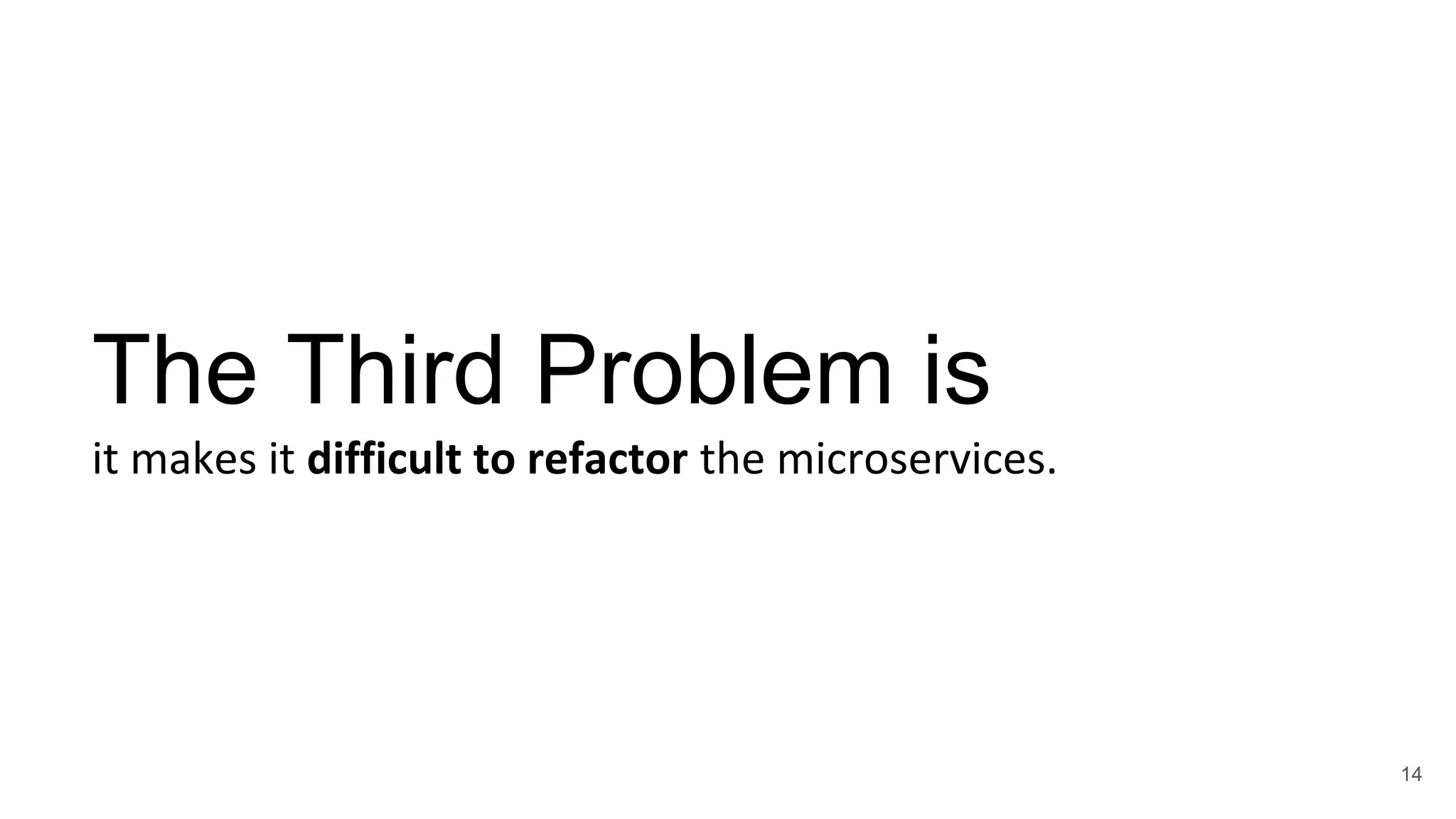The Third Problem is it makes it difficult to refactor the microservices. 14 