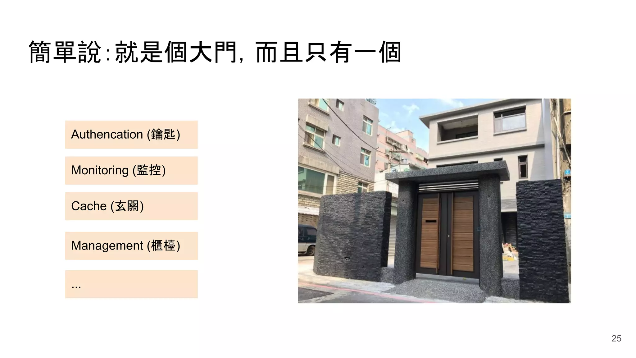 簡單說：就是個大門，而且只有一個 Authencation (鑰匙) Monitoring (監控) Cache (玄關) Management (櫃檯) ... 25 